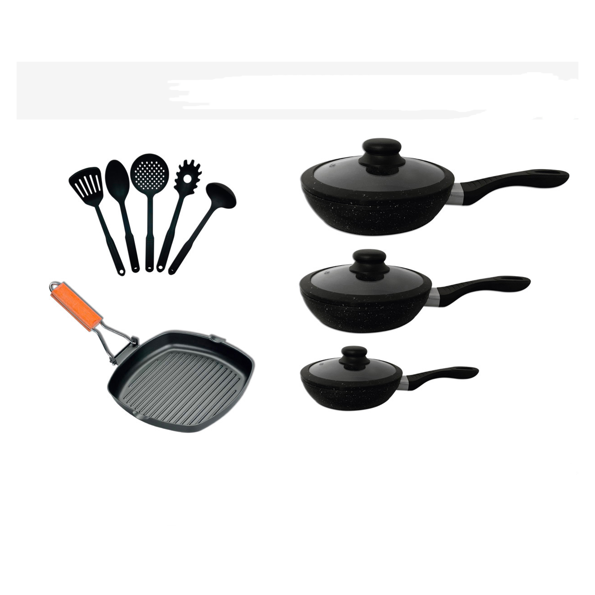 Image of Set Batteria 12 Pz Nera Con 3 Padelle Bistecchiera E Utensili Da Cucina