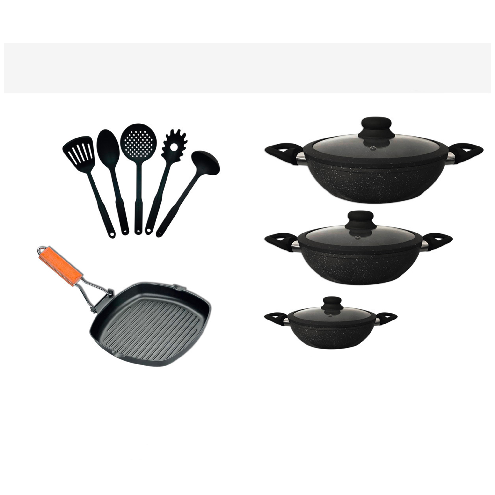 Image of Set Batteria 12 Pz Nera Con 3 Tegami Bistecchiera E Utensili Da Cucina