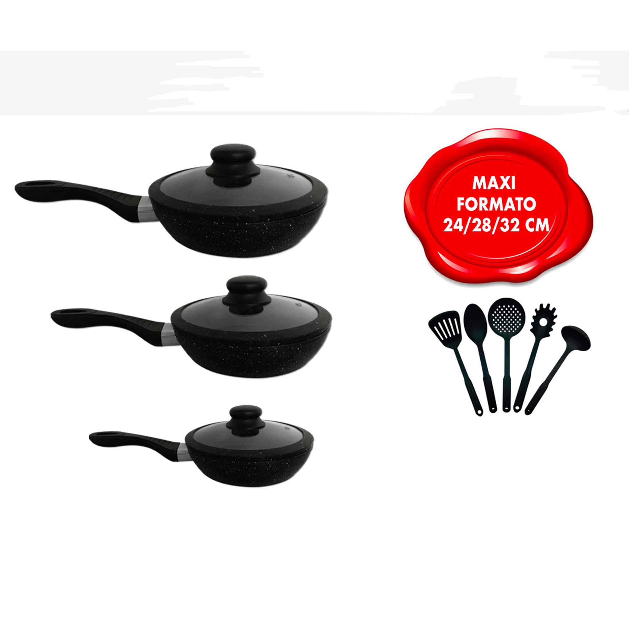 Image of Set Batteria 11 Pz Nera Con 3 Padelle E Utensili Da Cucina Maxi Formato