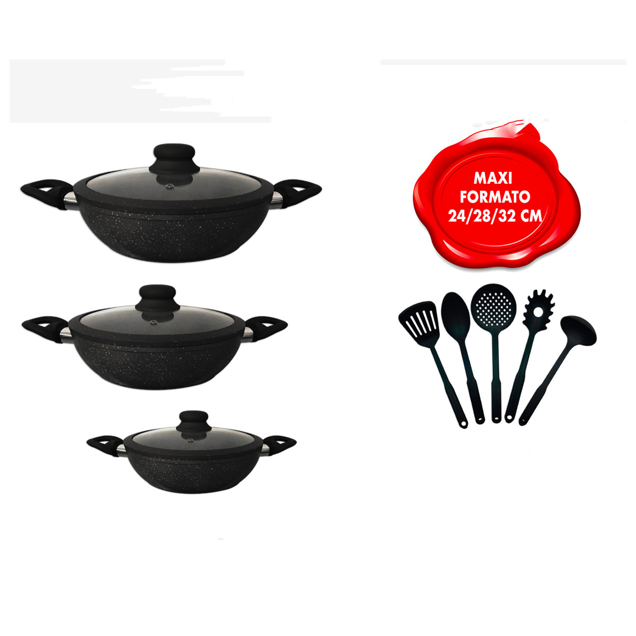 Image of Set Batteria 11 Pz Nera Con 3 Tegami E Utensili Da Cucina Maxi Formato