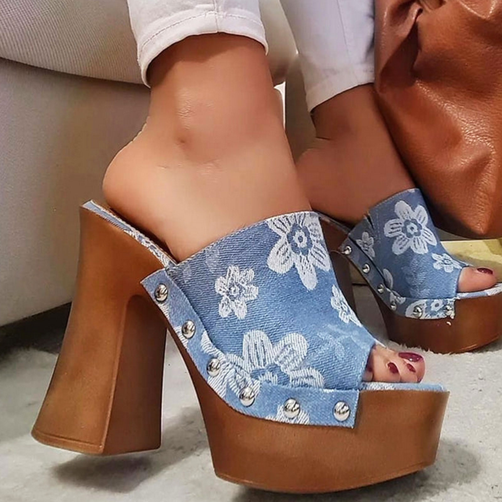 Zoccoli Donna Denim Stampa Floreale Sabot Zeppa Plateau TOOCOOL SU-8006-1