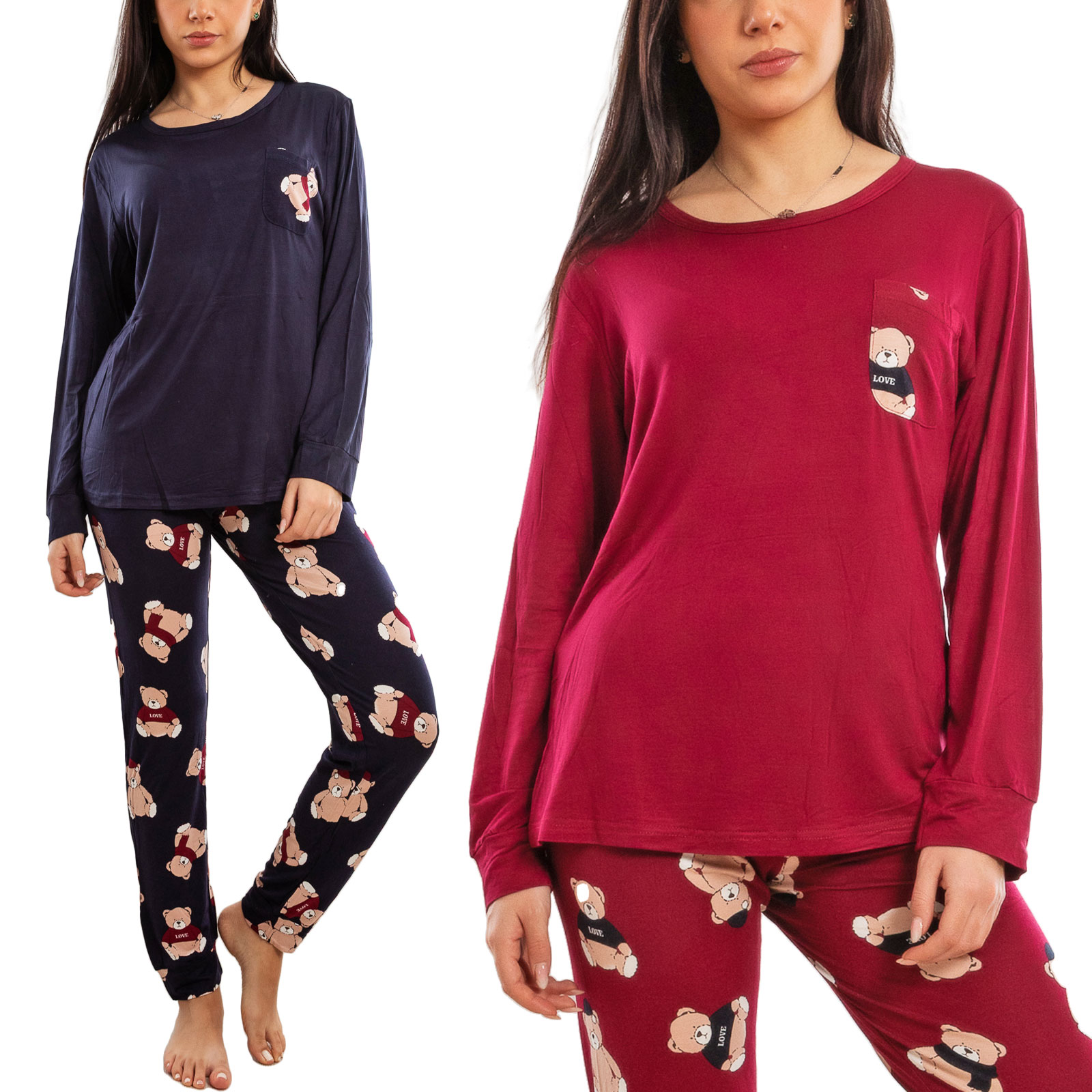 Pigiama Donna Lungo Completo Due Pezzi Pantaloni Fantasia Orsetti TOOCOOL E2600