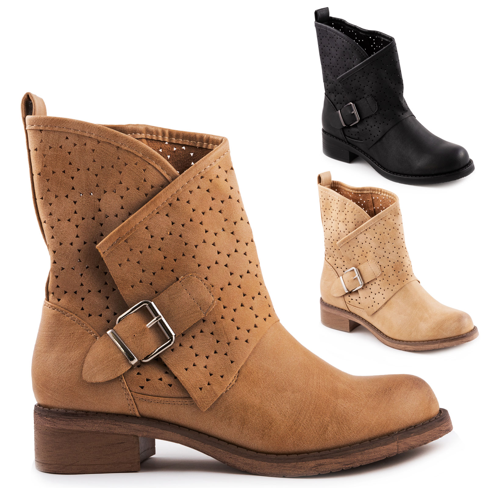 TOOCOOL women's low biker boots, perforated buckle amphibians
