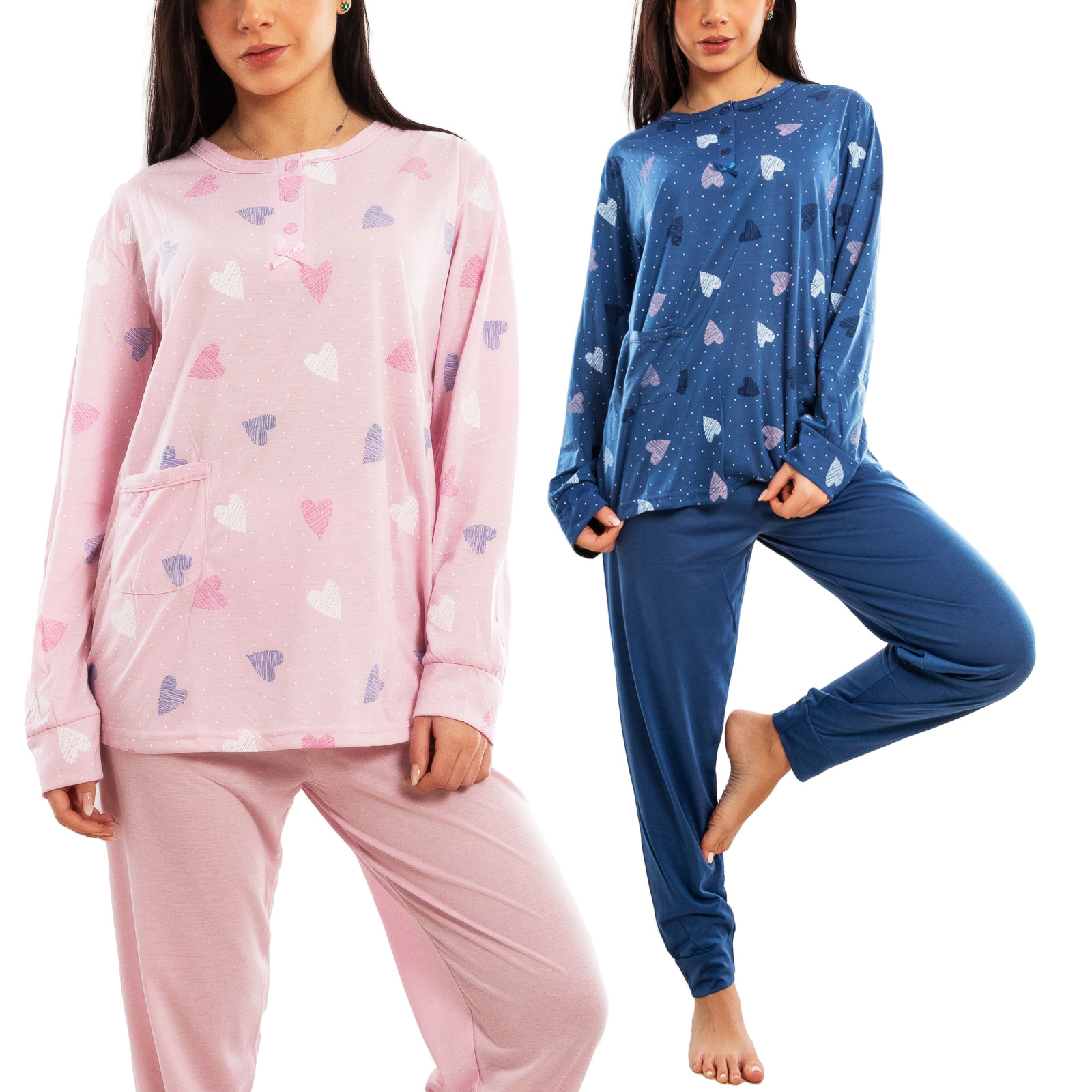 Pigiama Donna Lungo Set Due Pezzi Maglia Tasca Frontale Pantaloni TOOCOOL H48