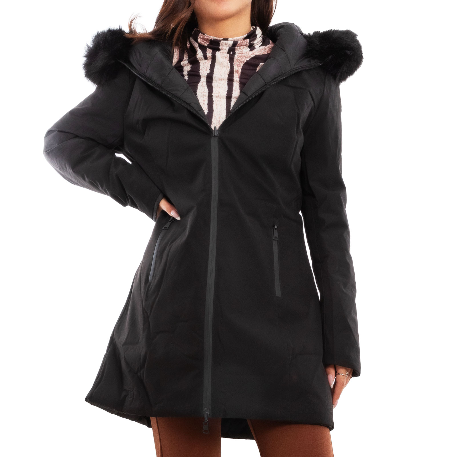 Piumino donna giaccone reversibile double face parka pelliccia