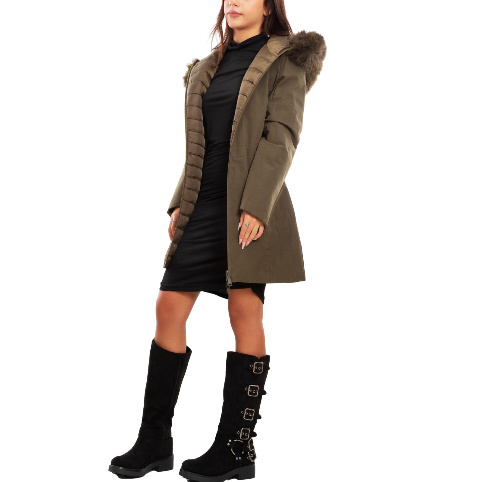 Toocool - Piumino Donna Giaccone Pelliccia Reversibile Double Face Parka  J81161A [S,Nero] : : Moda