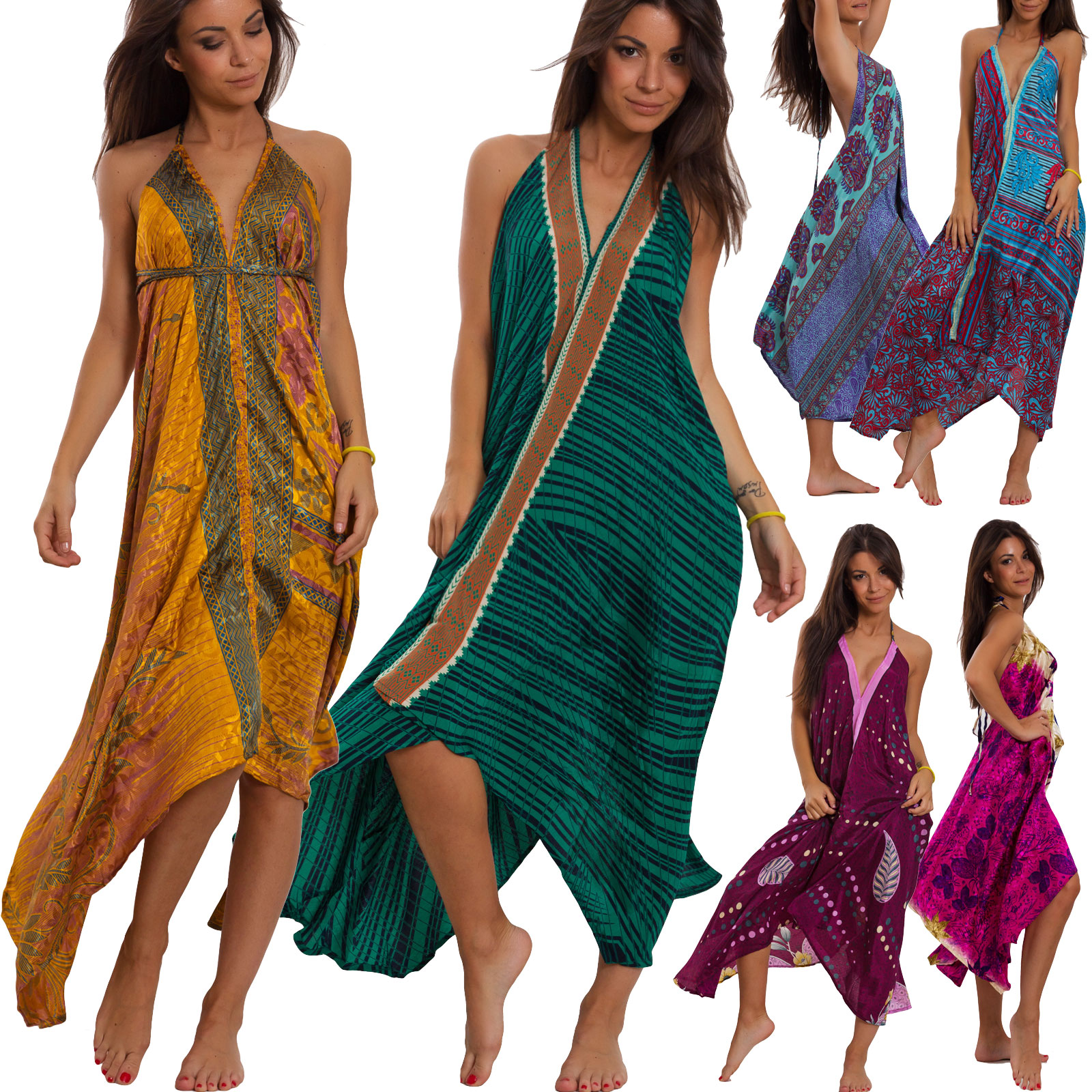 Vestito donna abito indiano boho chic elegante misto seta ibiza etnico PW-17
