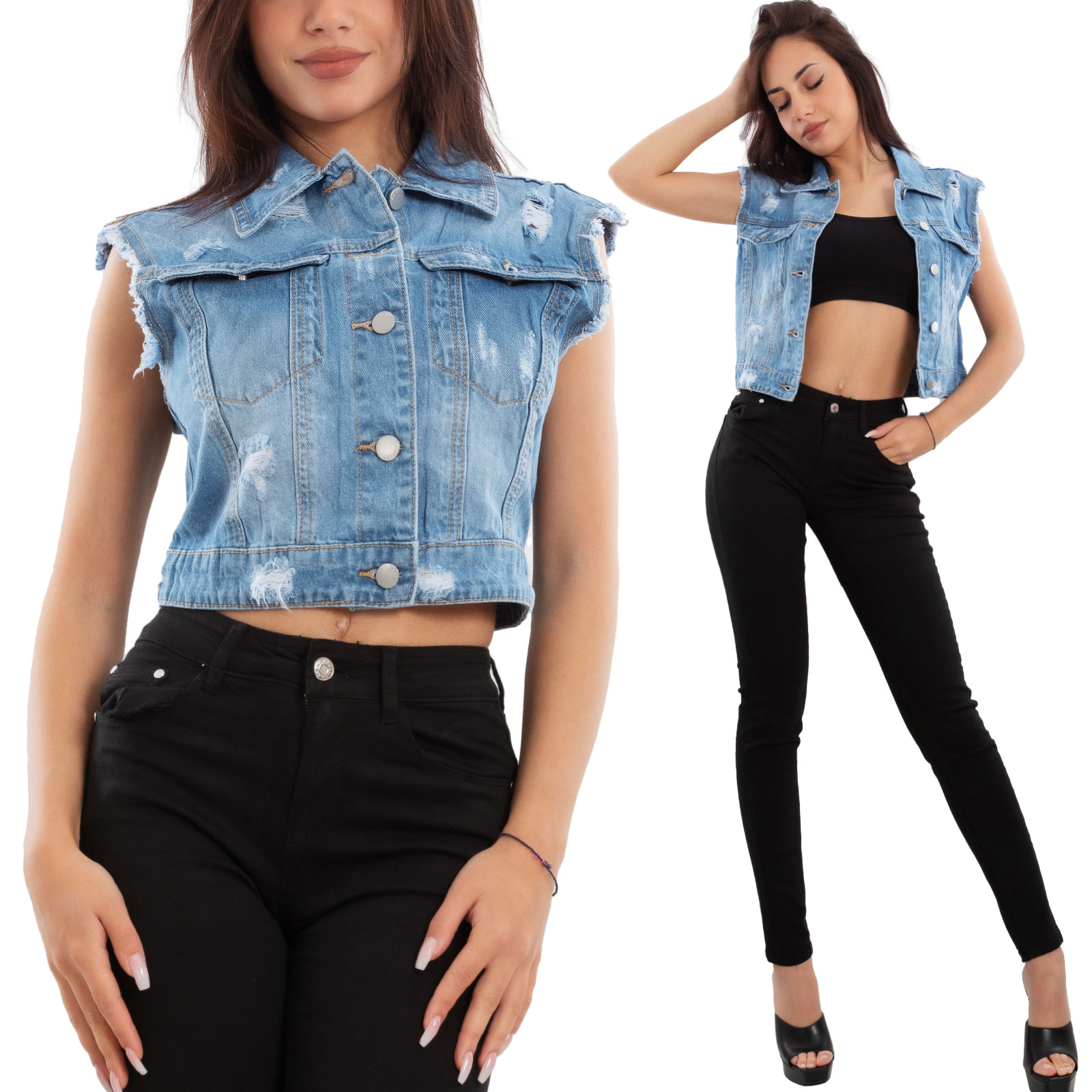 Gilet donna jeans giacca denim corta smanicata giubbotto TOOCOOL