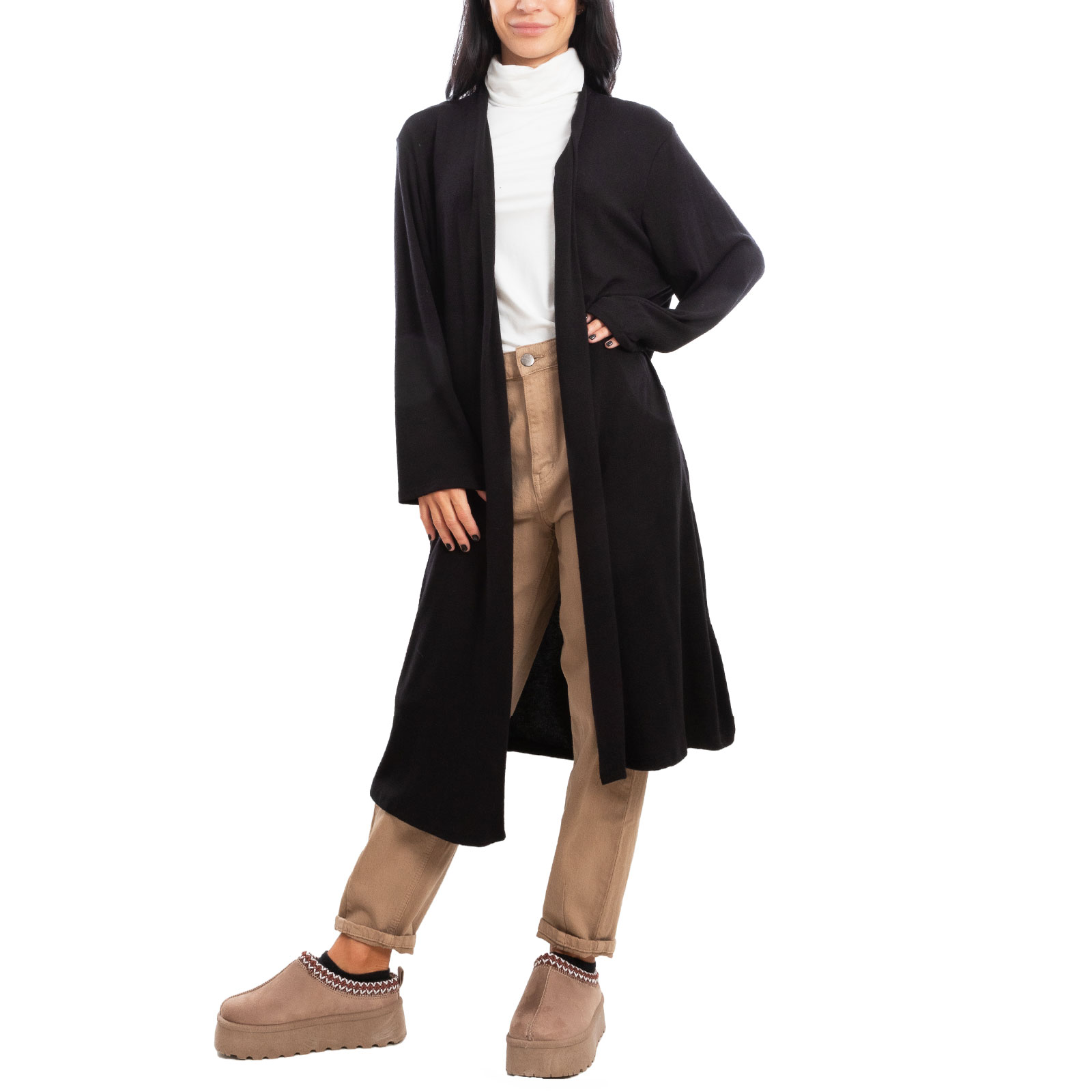 Maxi cardigan lungo con cappuccio in misto viscosa - nero