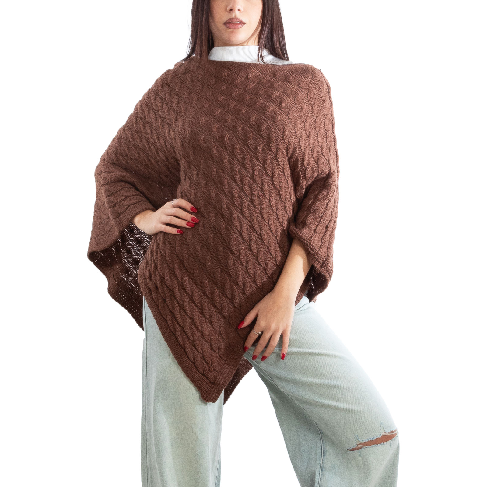 SHU-SHI Poncho Coprispalle Leggero In Maglia Per Donna - Trasformabile Con Volant, Colore Marrone, Taglia Unica, Stile Boho Chic