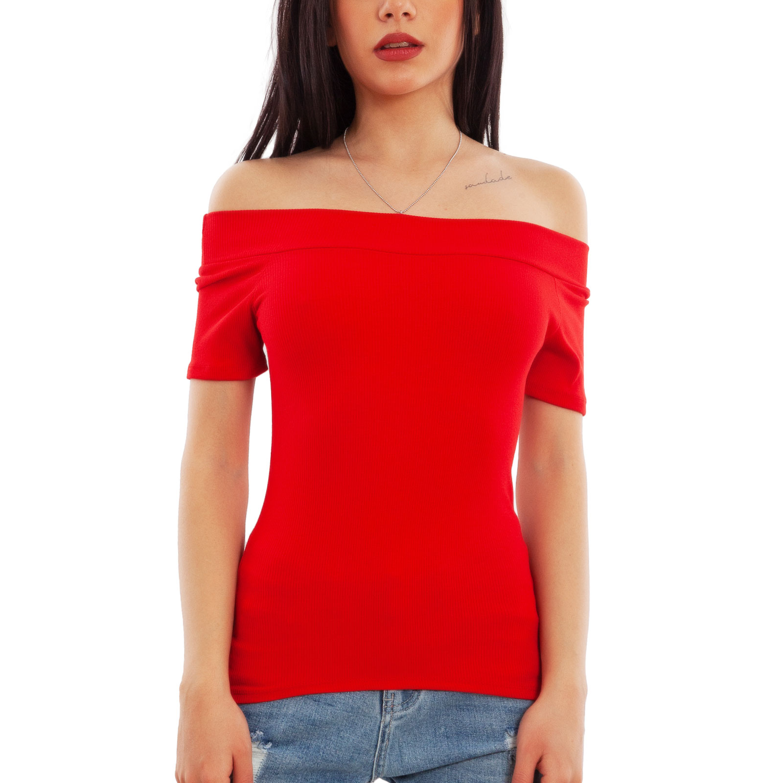 Maglietta Donna Basic A Costine Con Spalle Nude – Modello Carmen Aderente, 95% Viscosa 5% Elastan, Taglia Unica (S-L)