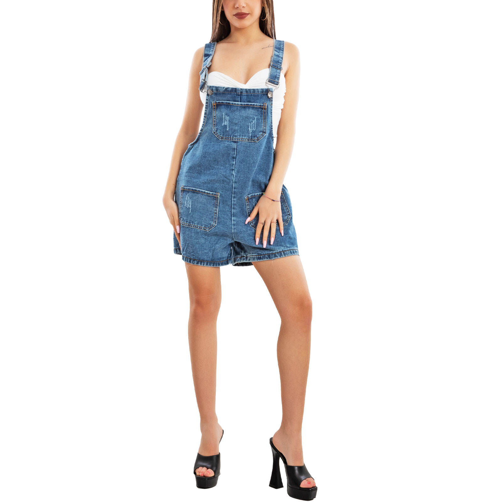 Tutina Jumpsuit Donna Estiva - Pagliaccetto Corto Con Canotta, Salopette Elegante In Jeans Per Cerimonie E Tempo Libero. Taglie Comode, Look Moderno.
