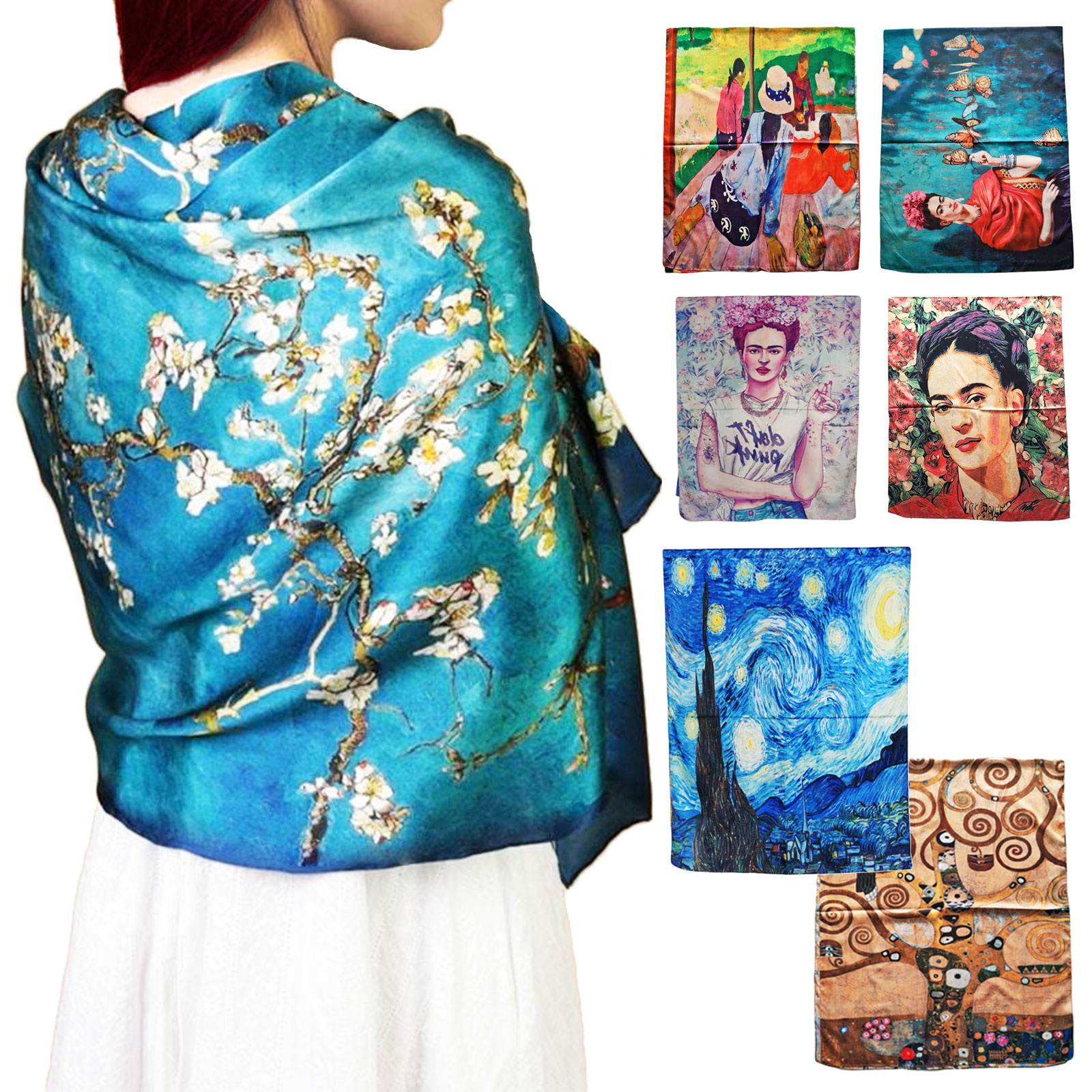 Sciarpa stola unisex Klimt Van Gogh Frida Monet foulard scialle raso TOOCOOL