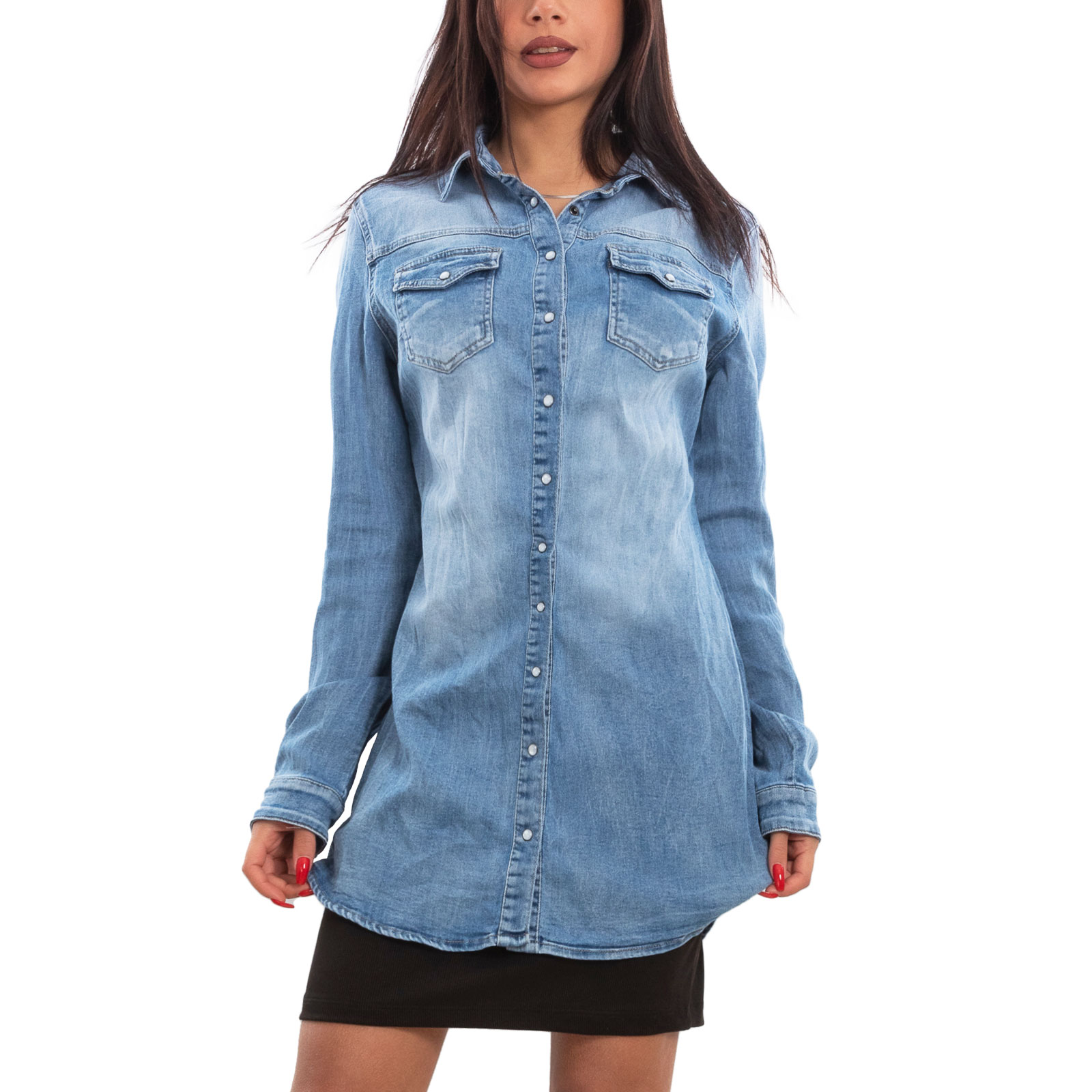 Camicia jeans donna lunga elasticizzata aderente lunga giacca TOOCOOL F8008