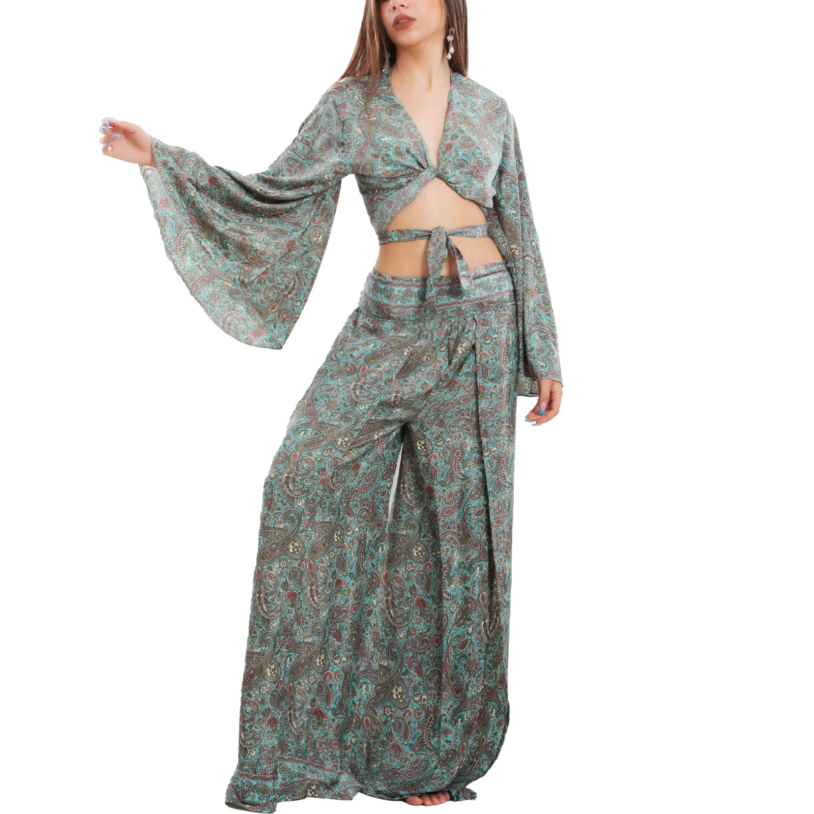 Ibiza Boho Chic TOOCOOL V-73 Women's Crop Top Ethnic Split Pants Complete