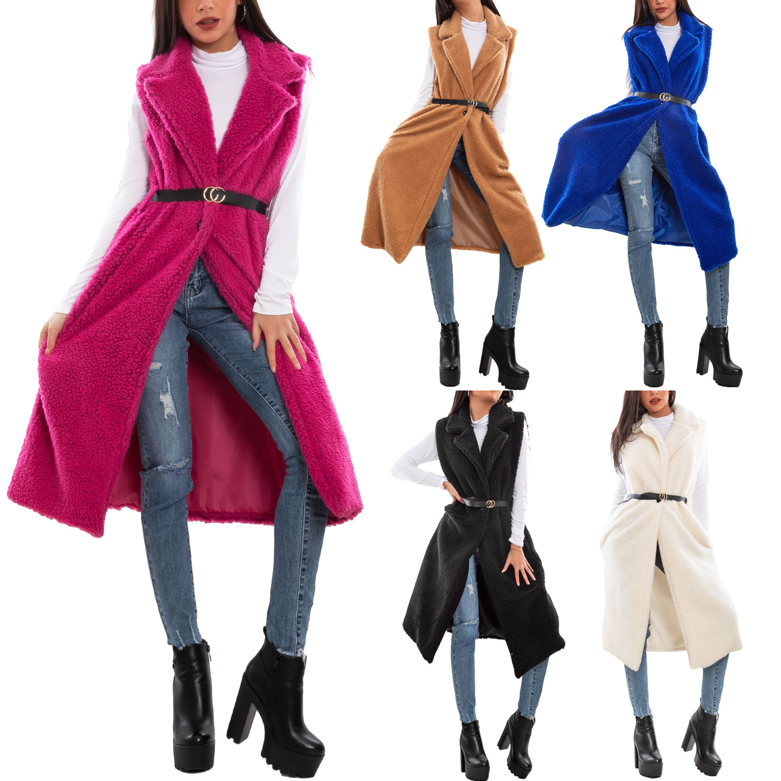 Gilet Lungo Senza Maniche In Pile Bianco – Oversize Con Tasche – Giubbotto Termico Autunno/inverno – Donna